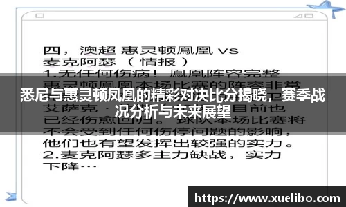 悉尼与惠灵顿凤凰的精彩对决比分揭晓，赛季战况分析与未来展望